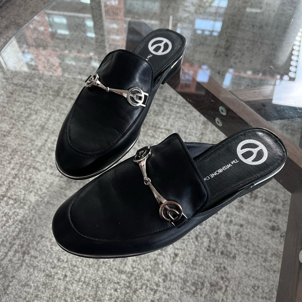 Wishbone Black Leather Slip-On Mule with Silver Bit Hardware